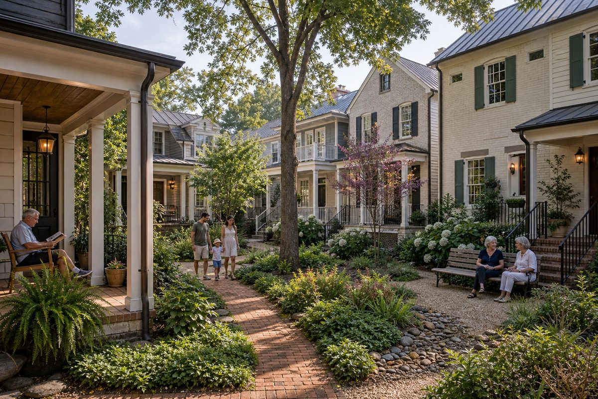People on front porches along a shaded, walkable street