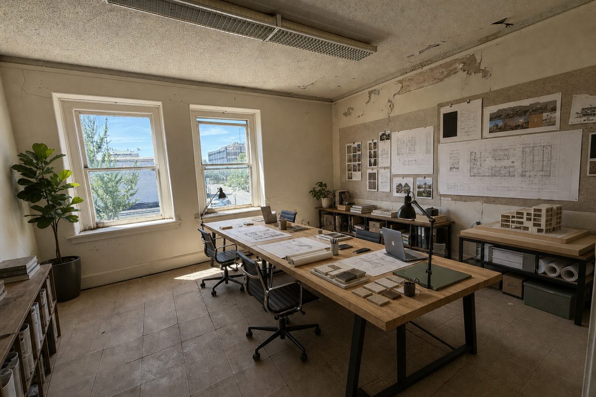 Mainstreet's home base — a restored workspace with plans and models