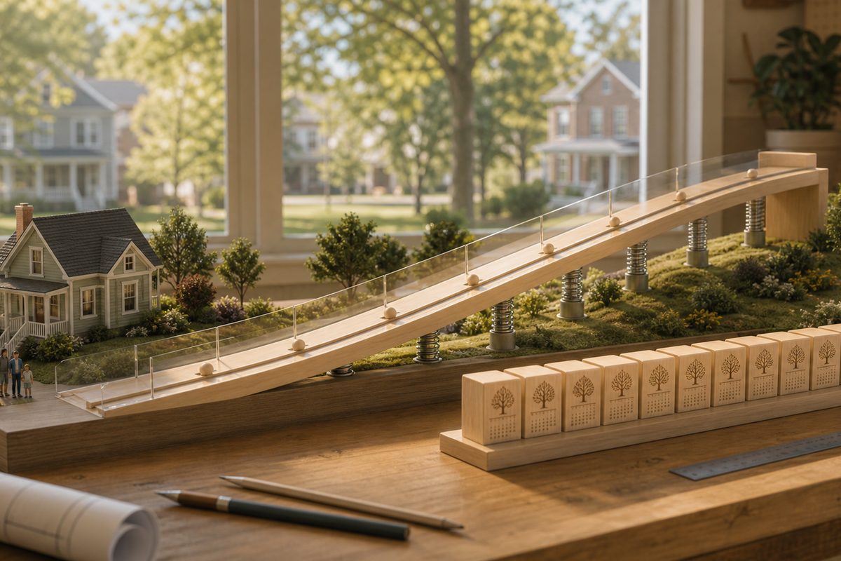 A physical town model resting on architectural plans