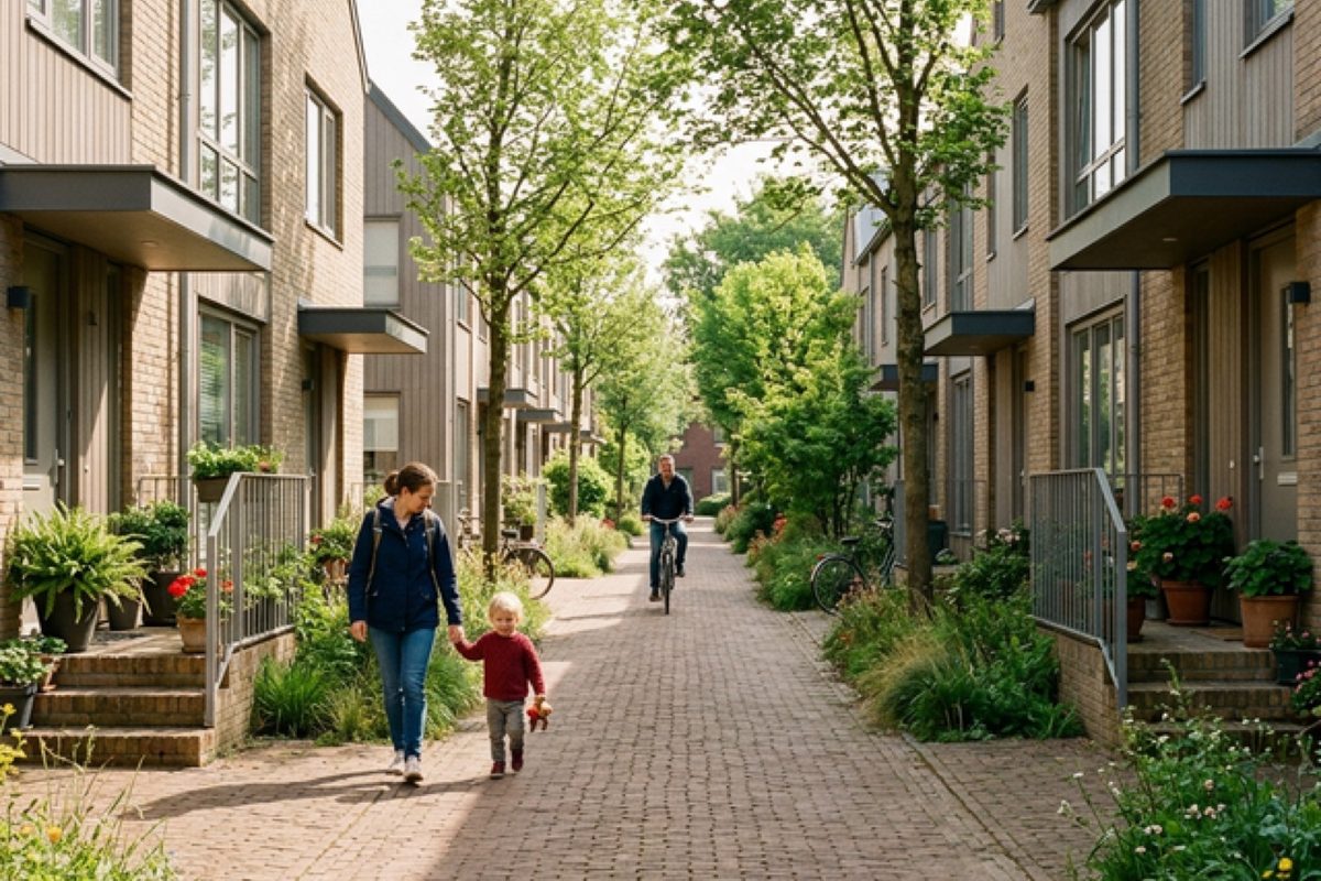 A shaded residential lane of townhouses in a walkable town