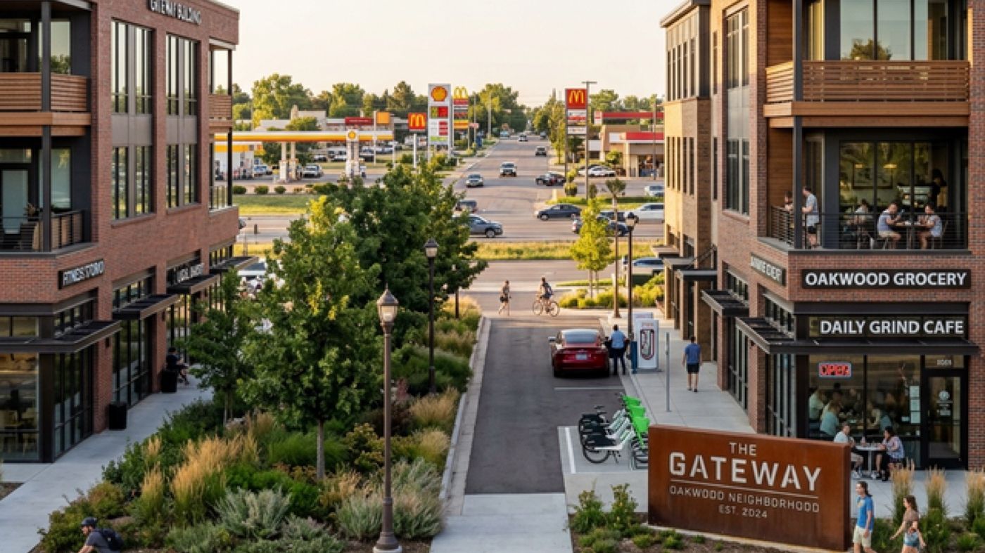 A walkable commercial gateway street with shops and a corner café