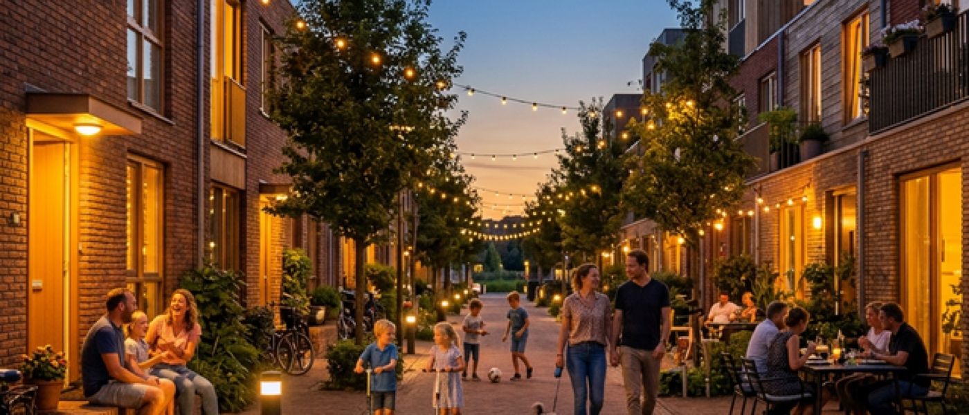 An evening main-street lane with string lights and people dining outdoors