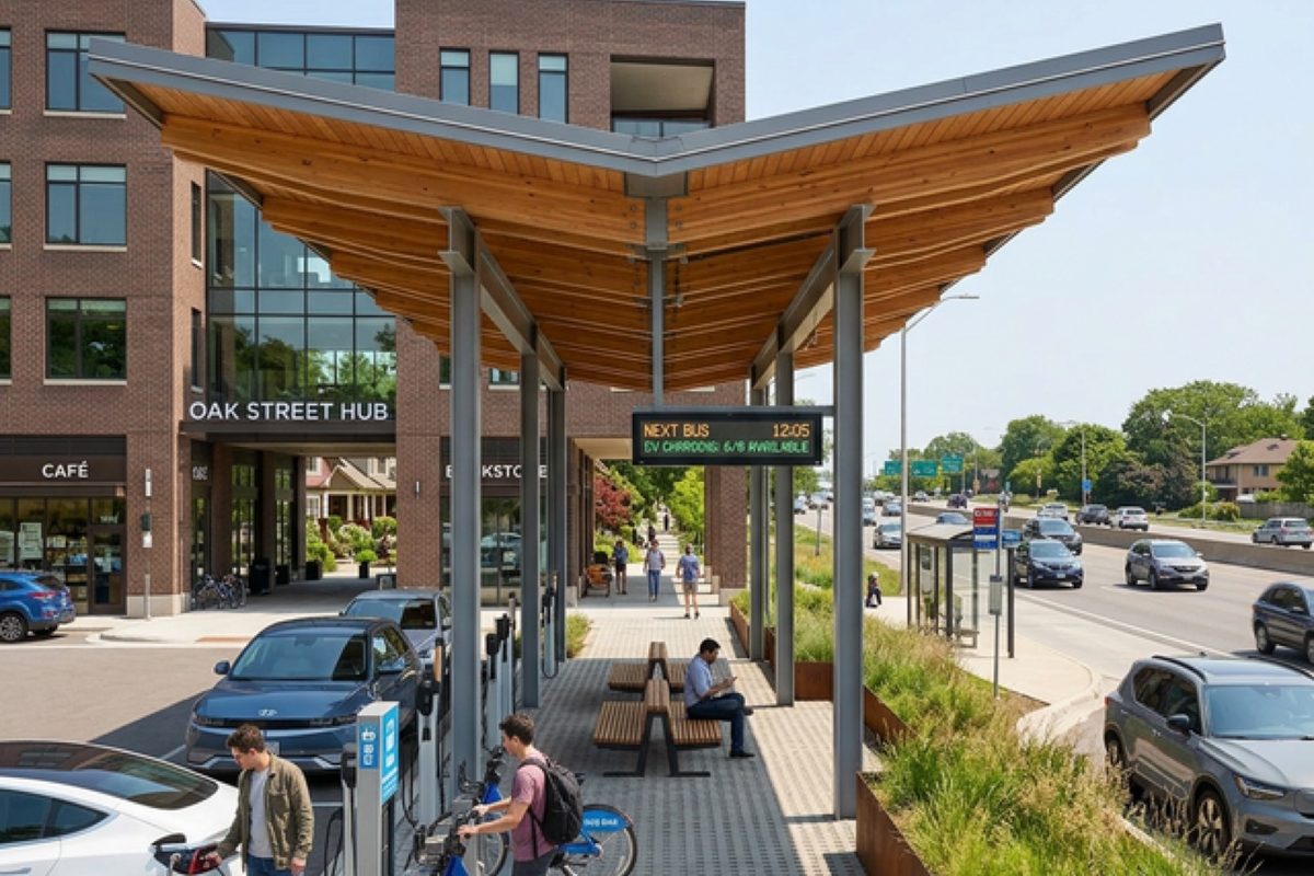 A mobility hub at the town edge