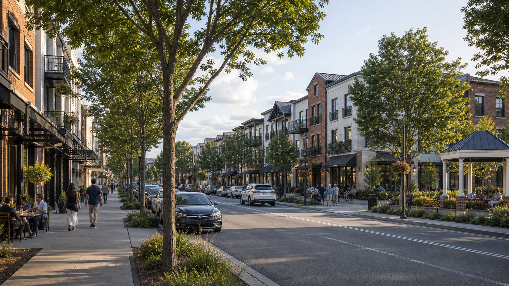 A walkable main street with shade trees, shopfronts, and people on the sidewalk