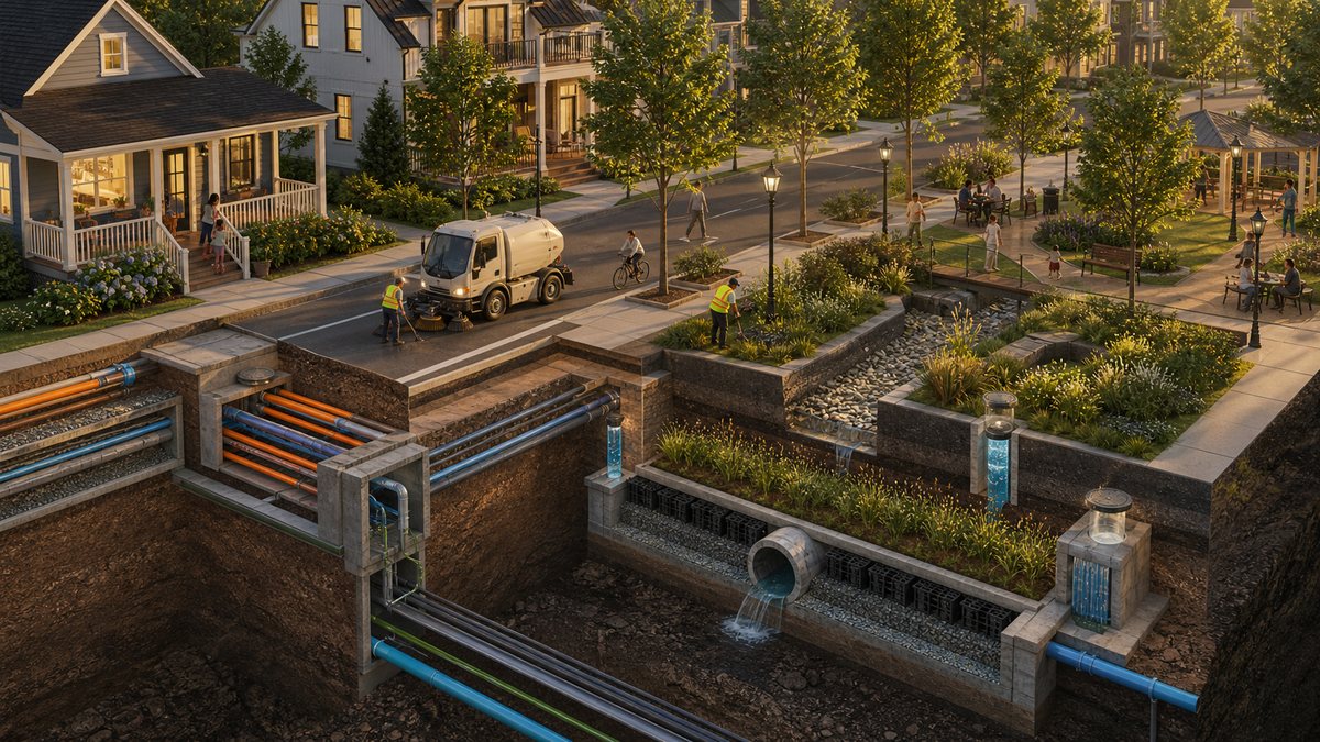 Cutaway of streets, utilities, and infrastructure beneath a block