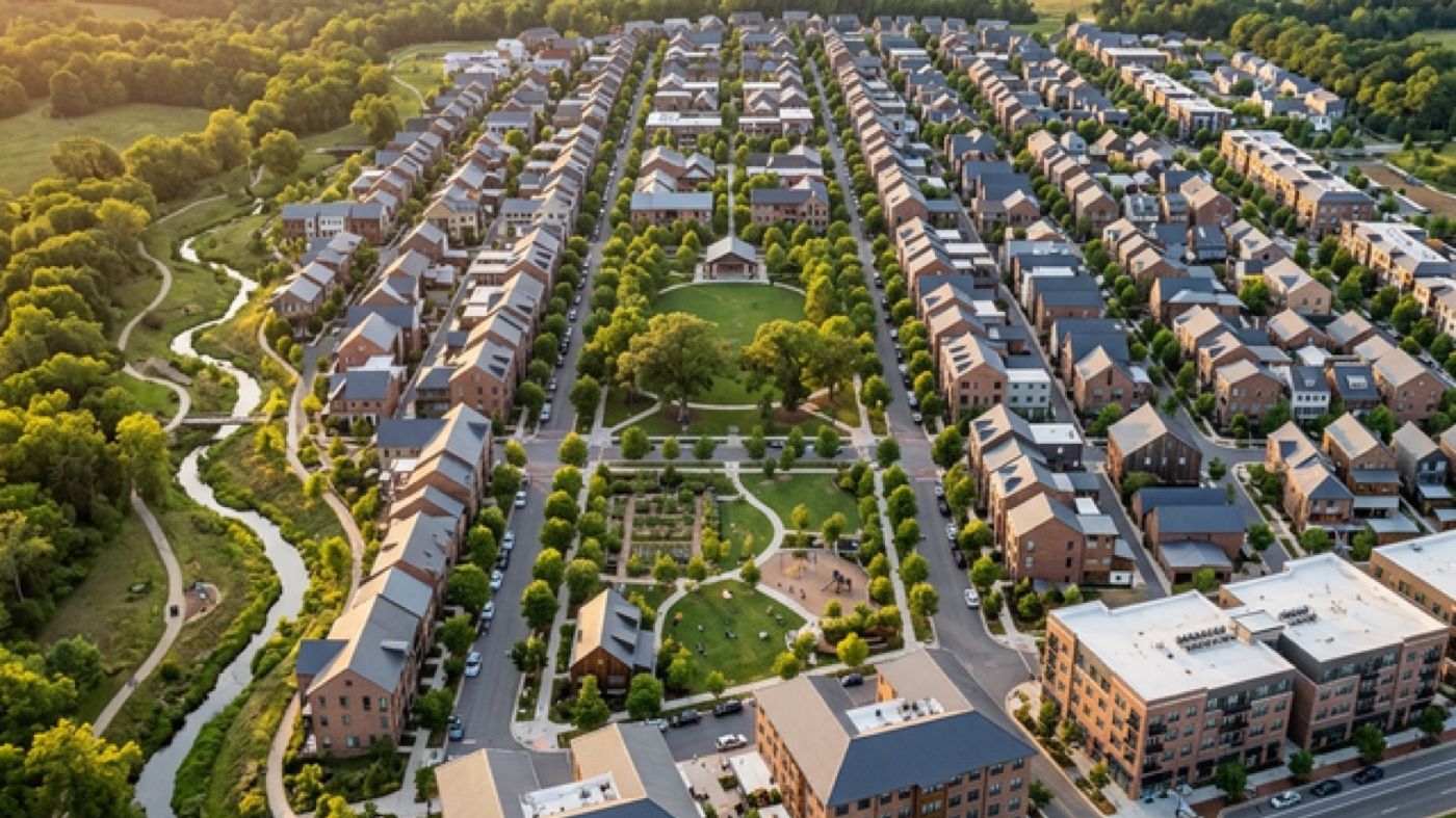 Aerial view of a complete walkable town designed as one system