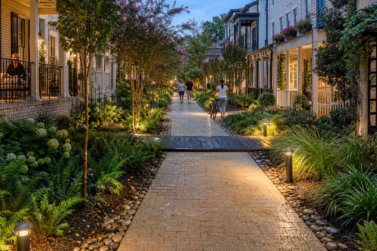 Green paseo lit with string lights