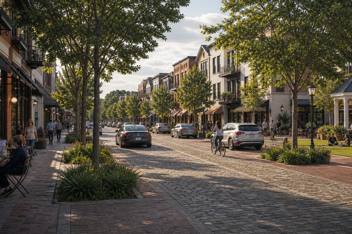 Corner café and main-street shops